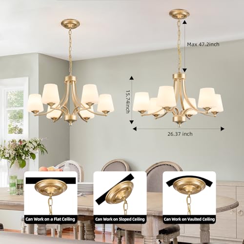 6 Light Modern Gold Chandeliers for Dining Room 47.2'' Adjustable Height Farmhouse Pendant Light with Frosted Glass Shades