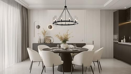 32 Inch Black Wagon Wheel Chandelier 10 Lights with Glass Shade