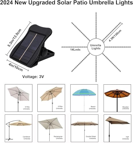 Solar Umbrella Lights Outdoor 8 Strands 8 Mode Patio Umbrella Lights