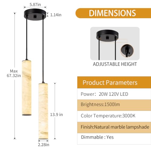 Black Natural Alabaster Long Tube Kitchen Island Pendant Lights