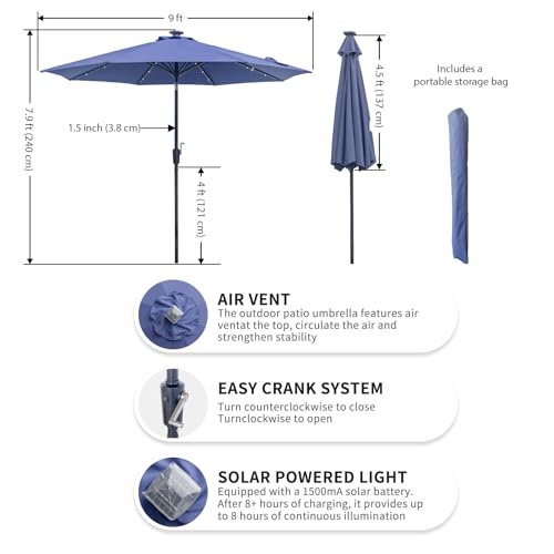 9FT Solar Patio Umbrella with 32 LED Lights
