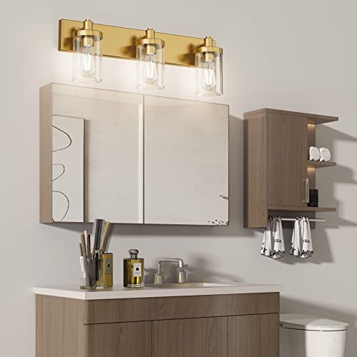 Gold Vanity Light 3 Lights Bathroom Vanity Lighting Fixtures Over Mirror Bathroom Wall Light with Clear Glass Shade