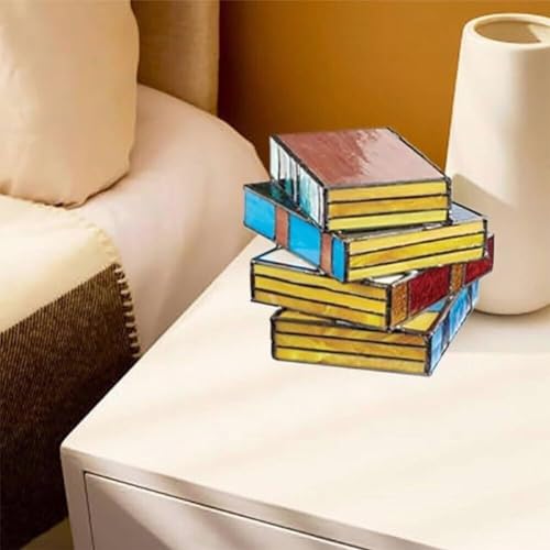 RERUICO Stained Glass Stacked Books Lamp Vintage Desk Lamp Small Reading Book Lamp Decor Stained Glass Nightlight