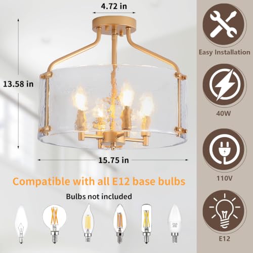 Gold Semi Flush Mount Ceiling Light Fixture 16'' Glass Modern Lght Fixture