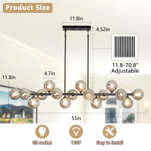 55" Linear Chandeliers for Dining Room Light Fixture 16 Lights Large Sputnik Chandelier Modern Chandelier Smoke Grey Swirled Globe Farmhouse Chandelier Island Lights for Kitchen
