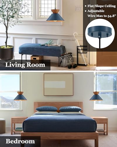 10 Inch Modern Pendant Light Fixture Farmhouse Solid Wood Hanging Lamp with Navy Blue Metal Shade & Gold Inner Finish Adjustable Pendant Light for Kitchen Island Dining Room Bedroom Modern Blue