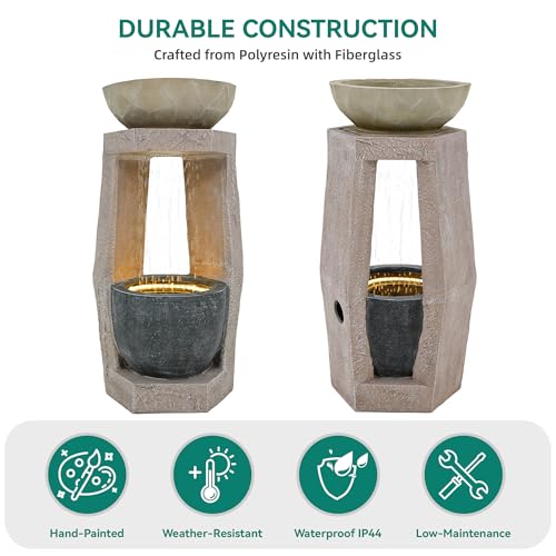 32" Geometric Outdoor Water Fountain with Birdfeeder