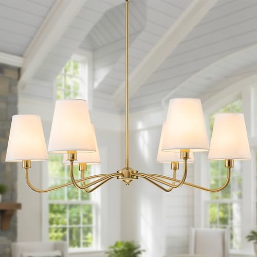 Brass Gold Chandeliers for Dining Room 6 Light Chandelier with Fabric Shade