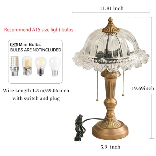 Glass Shade Table Lamp Vintage Brass Metal Desk Lamp 2 Lights Table Light with Plug Switch for Bedroom Living Room Home Office