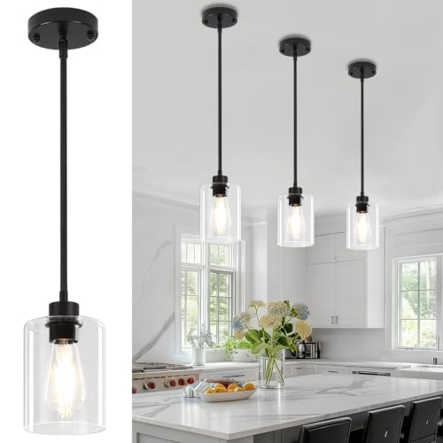 3 Pack Black Pendant Lights Kitchen Island Glass Hanging Lighting Fixtures