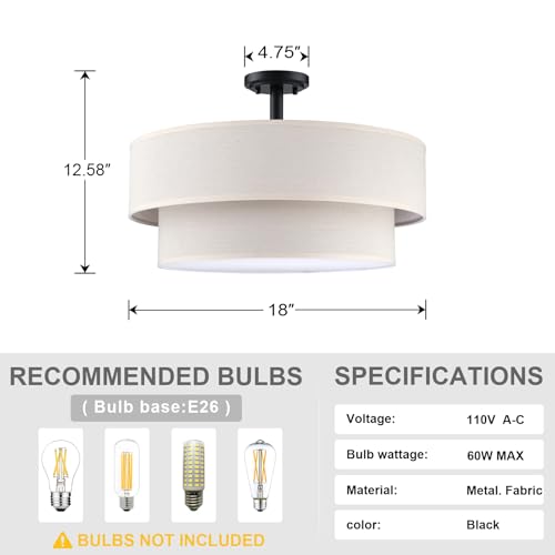 4 Light 18" Cream Fabric Black Semi Flush Mount Close to Ceiling Light Fixture