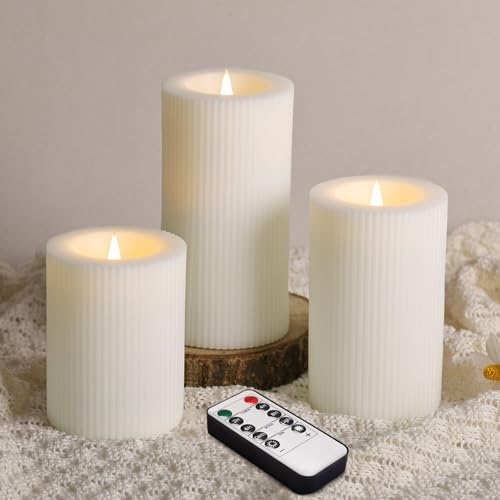 White Ribbed Moving Flame Flameless Pillar Candles with Remote (White)