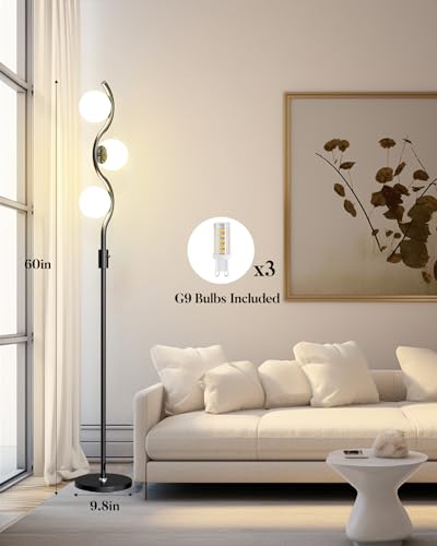 3 Globe Floor Lamp Dimmable Black Floor Lamps with 3 Soft Warm White 3000K Bulbs (3 Count)