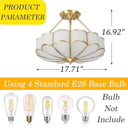 4 Lights Semi Flush Mount Brass Chandelier