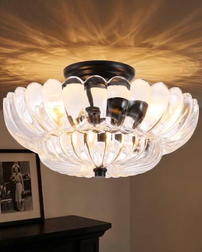 Semi Flush Mount Ceiling Light Fixture 14" Vinatge Black Ceiling Lights Mid Century Modern Clear Glass Close to Ceiling Lighting Fixtures for Bedroom Hallway Kitchen Laundry Room Bathroom