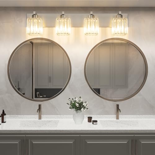 Brushed Nickel Bathroom Lighting Fixtures 4 Light Crystal Modern Bathroom Vanity Light