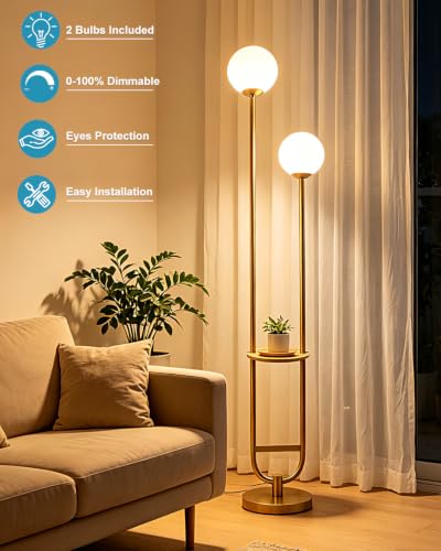 Globe Floor Lamp Dimmable Mid Century Gold Standing Tall Lamp with 3000K Bulbs Included Vintage Tall Lamp with 5Lbs Heavy Base for Lving Room (2 Count)