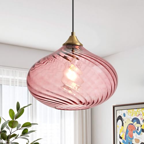 11in Gold Pendant Lights Kitchen Island with Purple Pink Glass Shade 1Pack