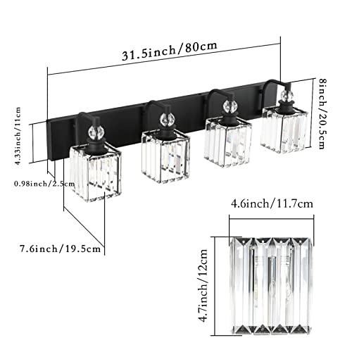 Black Crystal Vanity Light 4 Light 31.5''Modern Matte Black Bathroom Wall Light Fixtures Over Mirror Bathroom Vanity Lights