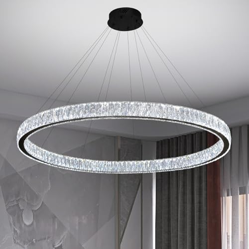 39.4in Large Ring Chandelier for Living Room Modern LED Black Crystal Chandelier for Dining Room Dimmable 2700K