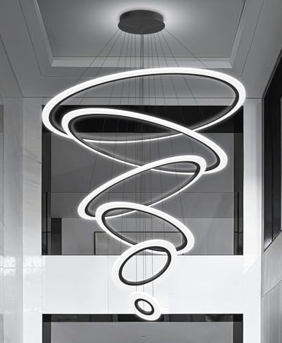 Modern LED Dimmable Chandelier 6 Ring High Ceiling Large Chandelier for Living Room Hanging Light Fixture for Foyer Staircase Black