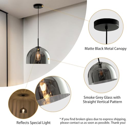 Grey Ribbed Glass Pendant Light Kitchen Island 11.8Inch Large Hanging Lamp
