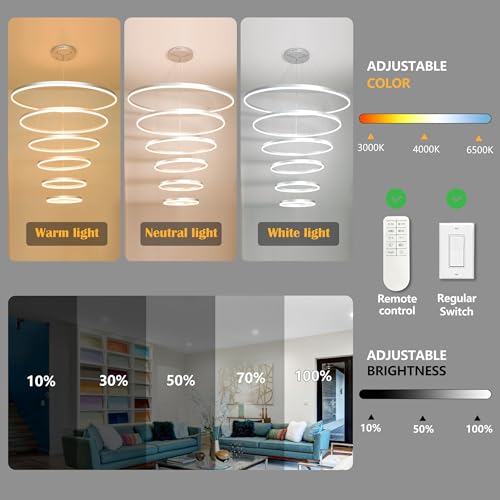 6 Rings Pendant Lights 47.2'' Modern Height Adjustable Chandeliers Sliver Led Chandelier Dimmable Sliver Chandelier Led Pendant Light for Dining Room Bedroom Living Room