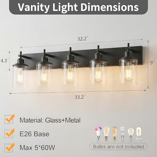 5 Light Black Bathroom Light Fixture Over Mirror Modern Farmhouse Bathroom Vanity Light Vintage Wall Lighting with Clear Glass Shade for Bathroom (5 Count)