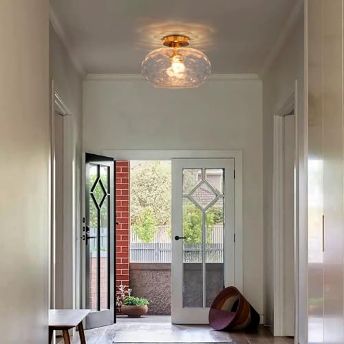 Brass Gold Semi Flush Mount Ceiling Fixture 11" Clear Hammered Glass Shade Modern Close to Ceiling Lighting 1