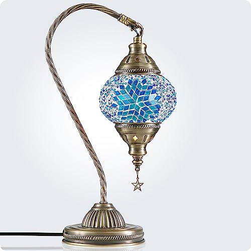 Turkish Moroccan Lamp with Bronze Base 3 Color Options Handmade Swan Neck Mosaic Glass Bedside Lamps for Bedroom