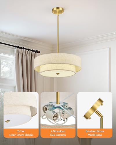 VONLUCE 18" Modern Drum Chandelier, 4-Light 2-Tier Linen Pendant Light | Brushed Gold Finish with Adjustable Height Hanging Light Fixture for Dining Room Bedroom Living Room