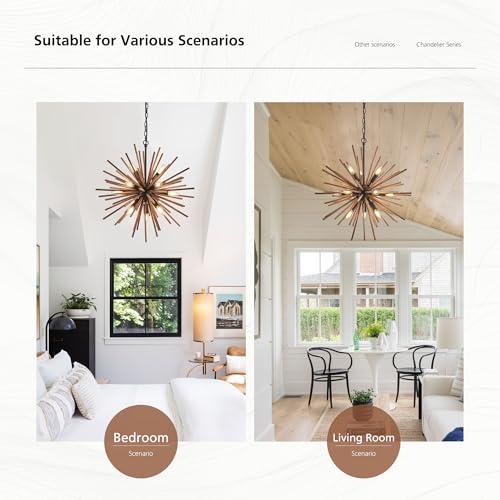 23.6" Farmhouse Sputnik Chandelier for Dining Room Rustic Handmade Natural Wood 12 (12 Count)