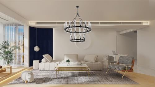 48 Inch Black Wagon Wheel Chandelier 2 Tier with Glass Shade