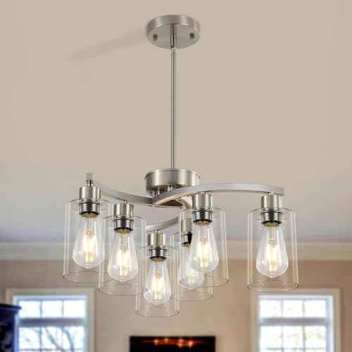 Sigaitwei 6 Light Farmhouse Brushed Nickel Chandelier,21.7" Modern Chandeliers for Dining Room Light Fixtures Over Table,Pendant Lights Kitchen Island,Metal Bracket with Downward Clear Glass Shade