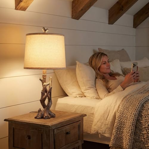 23" Rustic Farmhouse Table Lamp Country Cottage Lamps for Nightstand Tree Trunk Wood Grain Lamp for Bedroom Living Room with Oatmeal Fabric Round Shade Resin Bedside Lamp (2 Count)