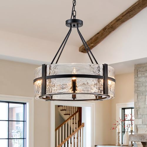 Modern Dining Room Chandelier 21" Black Water Ripple Glass Drum Chandelier