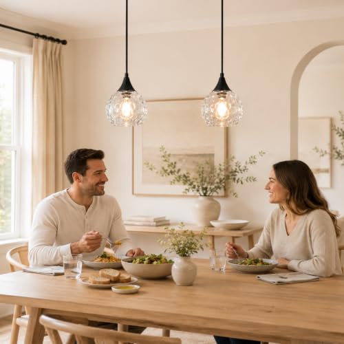 Modern Black Pendant Lights 2 Pack with Hammered Glass for Kitchen Sink (2 Count)