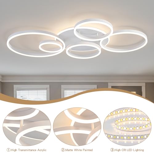 Modern LED Ceiling Light White Flush Mount Ceiling Lights Fixtures Dimmable 47" Dining Room Light Fixture with Remote 6 Rings Kitchen Lighting Fixtures Ceiling Lamp for Bedroom