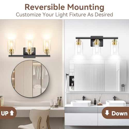 19" Black & Gold Modern Vanity Lights Over Mirror with Clear Glass Shades