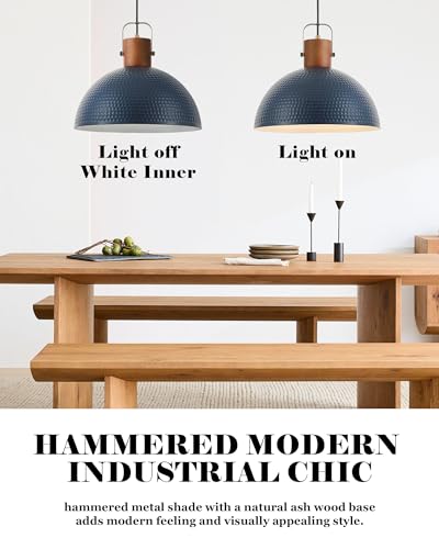2 Pack Large Ash Wood Pendant Light Fixtures 16 Inch Hammered Metal Dome Hanging Lamp with Brass Handle Chandeliers for Farmhouse Kitchen Island Dining Room Sink Bedroom Hallway (2 Count)