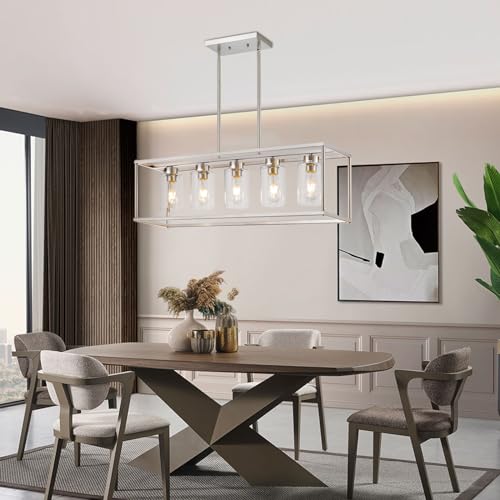 5 Light Dining Room Light Fixture Rectangular Modern Farmhouse Chandelier Brushed Nickel Linear Hanging Pendant Lighting Rectangle for Kitchen Living Room Adjustable Height with Glass Shade