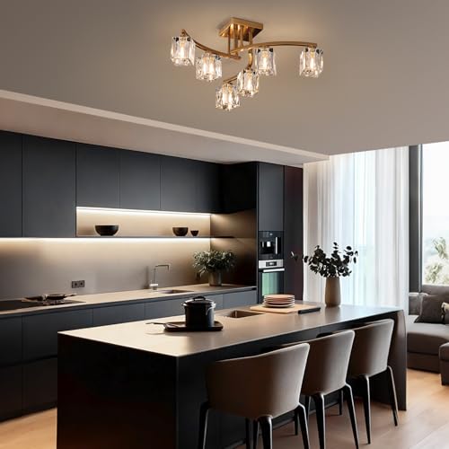 6 Light Modern Sputnik Ceiling Light Fixture Farmhouse Crystal Semi Flush Mount Ceiling Light Gold Chandeliers for Dining Room Living Room Kitchen Island Bedroom Entryway