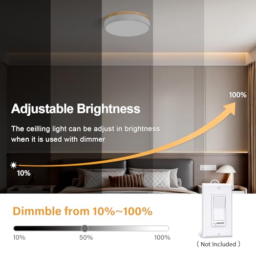 Dimmable LED Wood White Round Flush Mount Ceiling Light 11.81 Inch