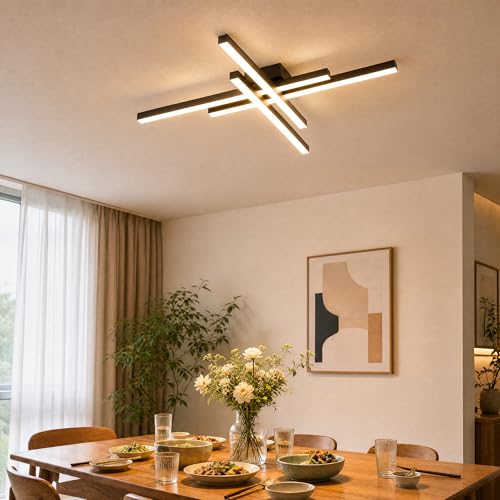 Modern LED Ceiling Lights 43.3" Black Flush Mount Ceiling Light Fixture Sputnik Dimmable Ceiling Lights with Remote Control for Bedroom Living Room Kitchen Room