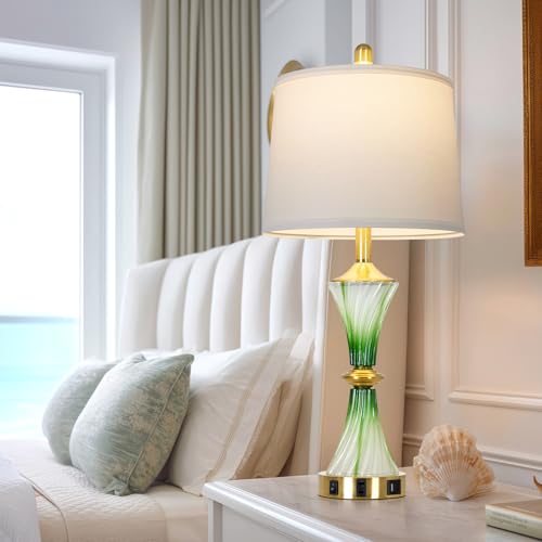 Green Glass Table Lamp Set of 2 with USB C+A Ports & AC Outlet (2 Count)