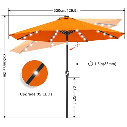 Solar Led Patio Umbrella with 32 Lights 11FT