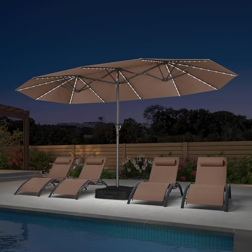 Patio Umbrella 14ft with Base and Solar Lights Outdoor
