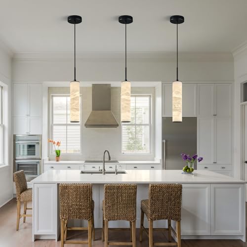 Natural Alabaster Pendant Lights 4000k Modern Black Ceiling Light White Marble Long Tube Chandelier for Kitchen Island Bedroom Dining Room Table Living Room (2.99 Count)