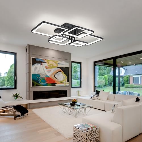 Modern LED Ceiling Light Fixture Black Kitchen Lighting Fixtures Ceiling for Bedroom 31.5" Dimmable 6 Ring Square Ceiling Light for Kitchen with Remote Control for Living Room