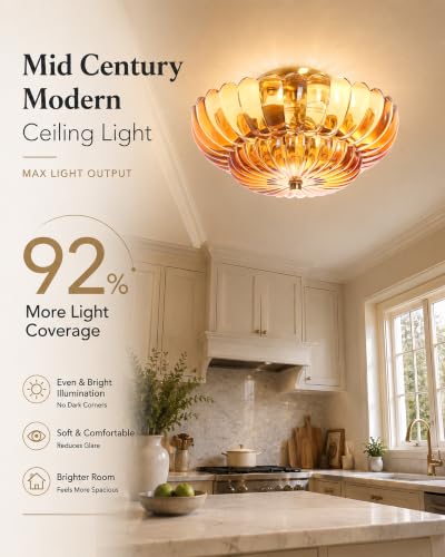 Semi Flush Mount Ceiling Light Fixture 14" Vinatge Gold Ceiling Lights Mid Century Modern Orange Glass Close to Ceiling Lighting Fixtures for Bedroom Hallway Kitchen Laundry Room Bathroom